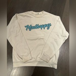 MADHAPPY off white crew neck sweatshirt with turquoise logo